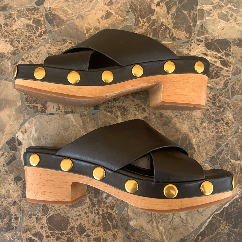 Charlotte Stone Black Leather Wooden Clog Platform Heel Sandal - Picture 4 of 12